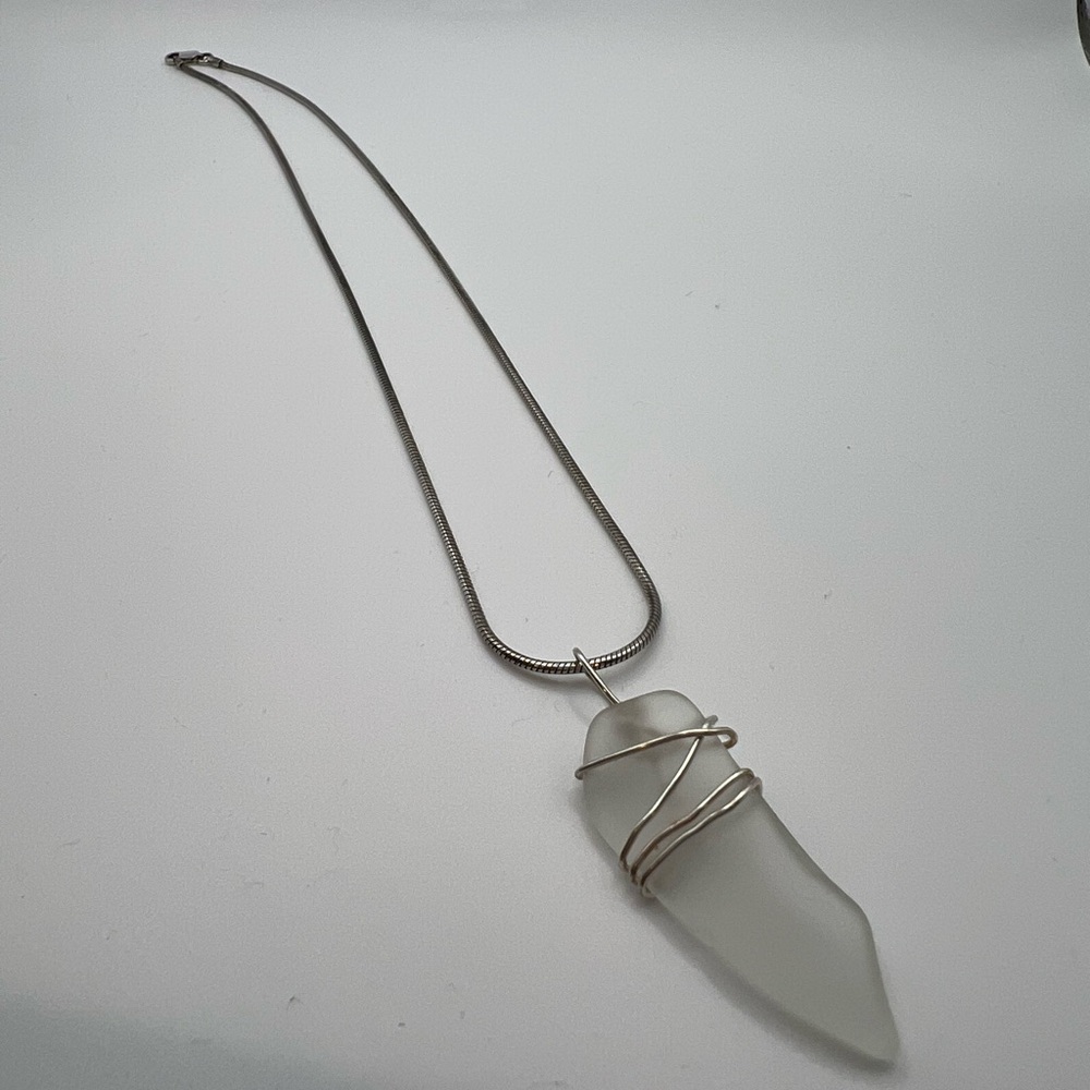 Sterling silver snake chain 18” with clear hand wrapped sea glass pendant